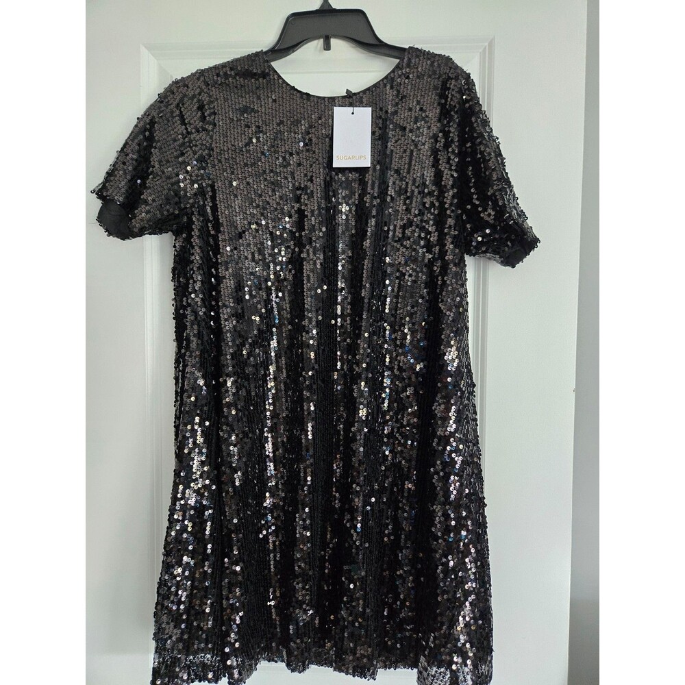 SugarLips Black Sequin Short Sleeve Mini Dress. MEDIUM NWT (cm)